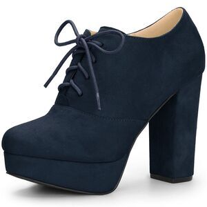 Platform Chunky Heel Lace Up Booties Navy Blue